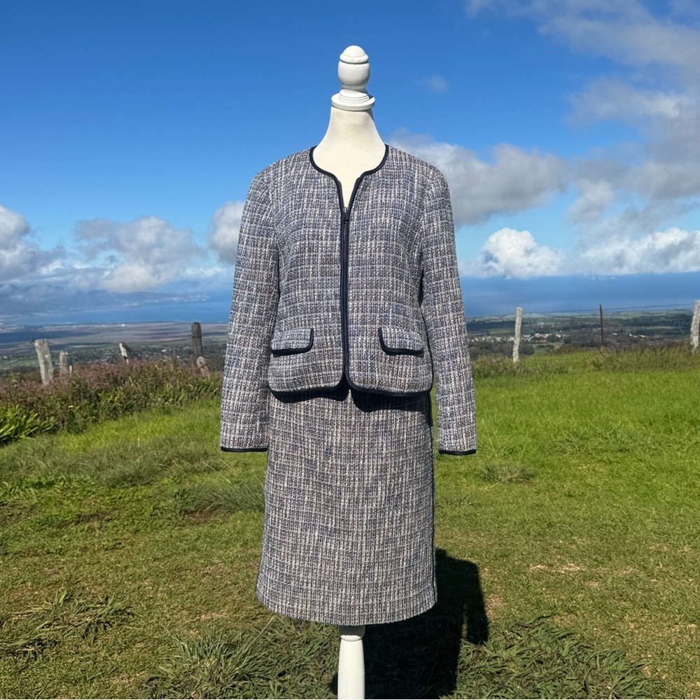 J Crew Blue Tweed Matching Skirt Jacket Set Old Money Classic Sz. 8